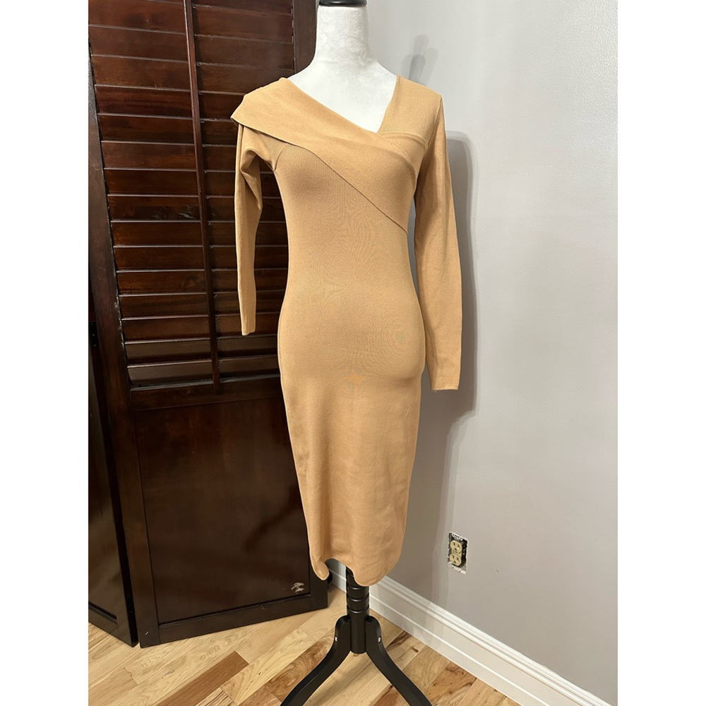 Reiss Womens Sweater Dress Beige Stretch Midi Asymmetric Neck Long Sleeve S New